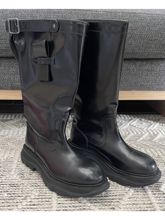 $1,695 NIB Alexander McQueen Black Leather Combat Boots Chunky Sole Buckle 41(8)